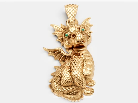 Luxury Gold Baby Dragon Pendant with Emerald Eyes 3D Model