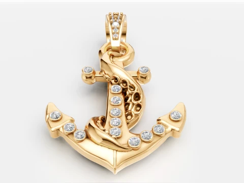 Luxury Gold Anchor Pendant Diamond 3D Jewelry Design 3D Model