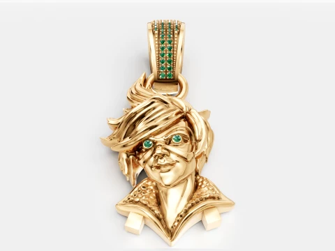 Luxury Gold Character Pendant Green Gemstone 3D Jewelry Design 3D Model