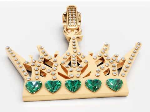 Luxury Gold Crown Pendant Diamond Green Heart Gemstone Jewelry Design 3D Model