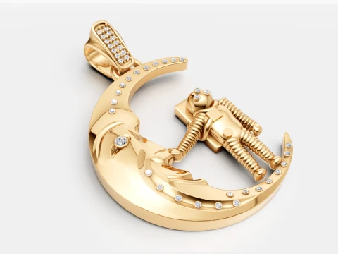 Luxury Gold Crescent Moon Astronaut Pendant Diamond-Studded 3D Jewelry Design 3D Model
