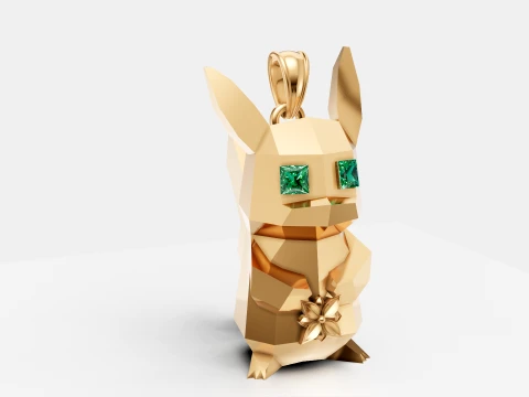 Luxury Gold Low-Poly Bunny Pendant Green Gemstone Eyes 3D Jewelry Design 3D Model