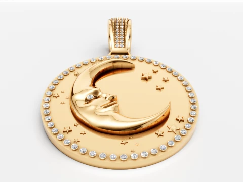 Luxury Gold Crescent Moon Stars Pendant Diamond-Studded 3D Jewelry Design 3D Model