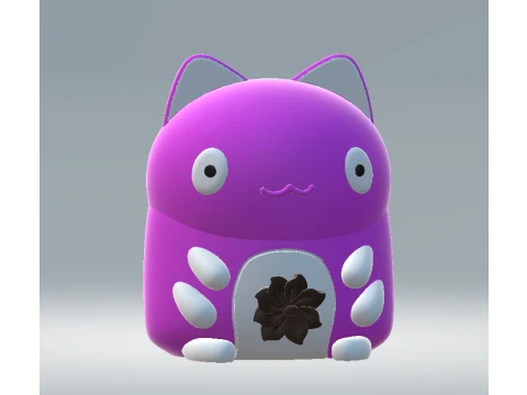 Cute Purple Kawaii Cat Robot with Floral Belly Design 3D Cartoon Character Model 3D Модель
