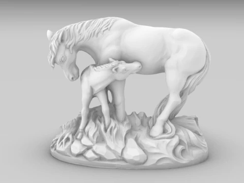 Horse and Foal Artistic Sculpture 3D Print Model