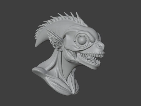 Alien Fish Bust 3D STL Printable - Bust STL 3D Print Model