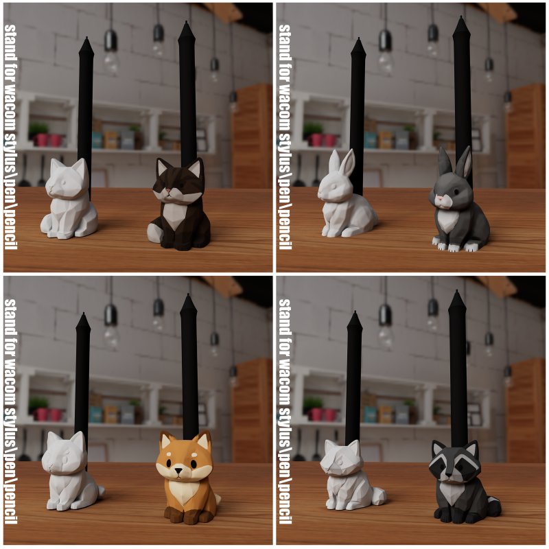 Cute Animal Pen-Stylus Holders Cat Rabbit Dog Raccoon Modelo de Impressão 3D .c4d .max .obj .3ds .fbx .stl .blend