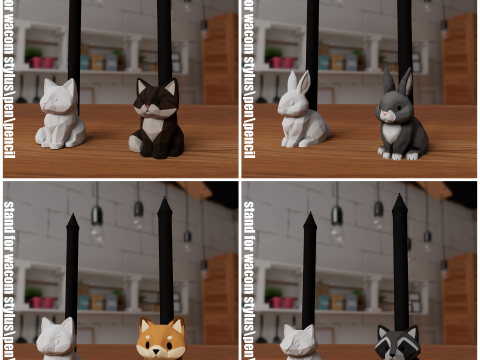 Cute Animal Pen-Stylus Holders Cat Rabbit Dog Raccoon Modèles 3D en vedette