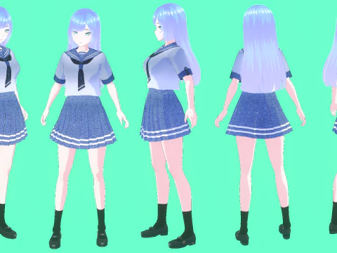 Anime School Girl VTUBER Animation and Game Ready 3D Model