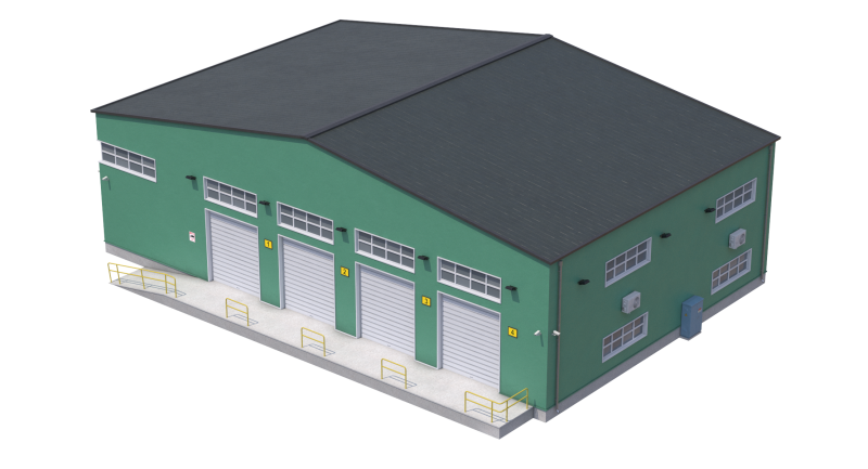 Green Industrial Building Model 3D .c4d .max .obj .3ds .fbx .stl .blend