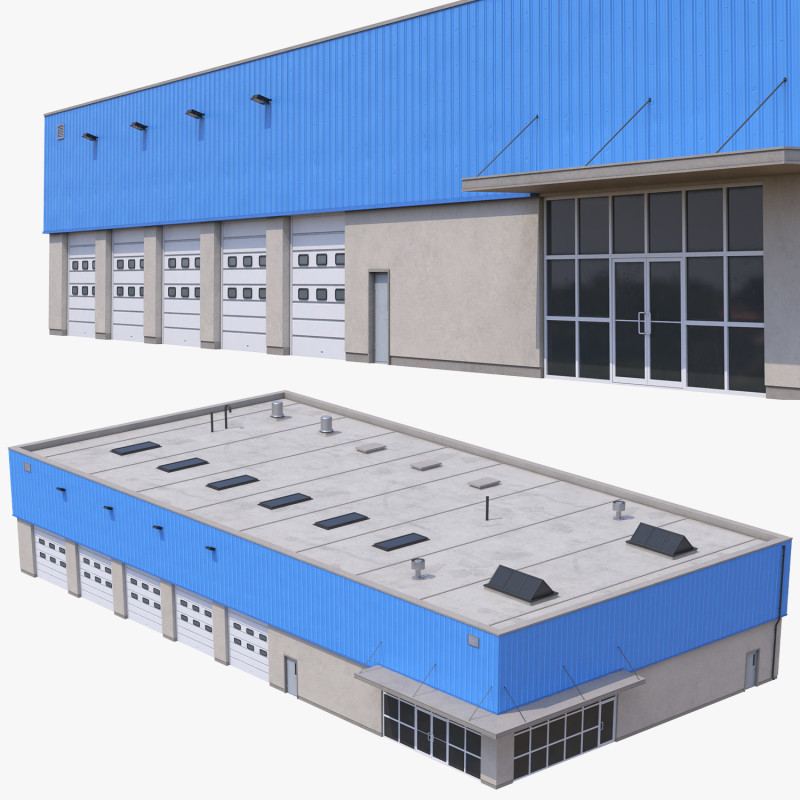 Industrial Building 16 Blue 3D Model .c4d .max .obj .3ds .fbx .stl .blend