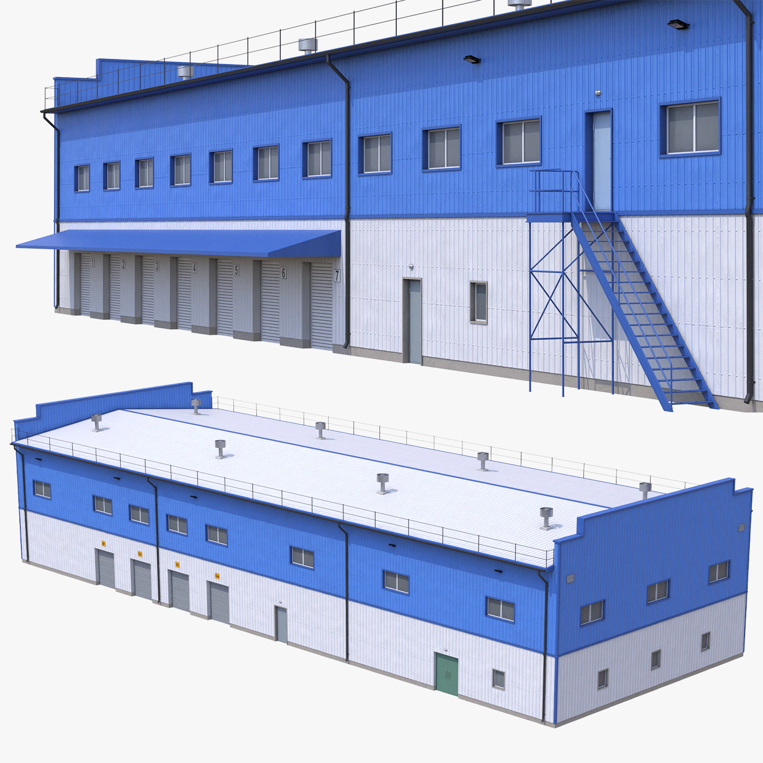 Industrial Building 17 Blue 3D Model .c4d .max .obj .3ds .fbx .stl .blend
