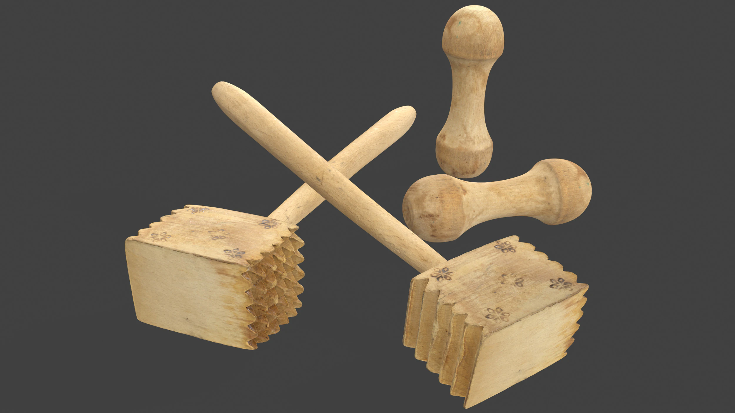 Wooden Kitchen Utensils - Meat Mallets and Rolling Pins 3D Model .c4d .max .obj .3ds .fbx .stl .blend 