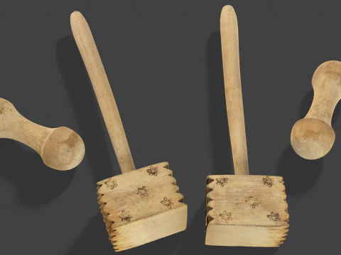 Wooden Kitchen Utensils - Meat Mallets and Rolling Pins 3D Model