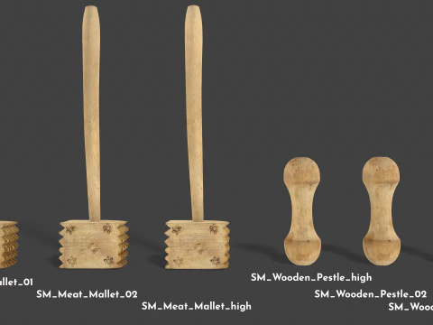 Wooden Kitchen Utensils - Meat Mallets and Rolling Pins 3D Model
