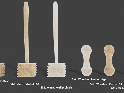 Wooden Kitchen Utensils - Meat Mallets and Rolling Pins 3D Model