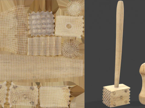 Wooden Kitchen Utensils - Meat Mallets and Rolling Pins 3D Model