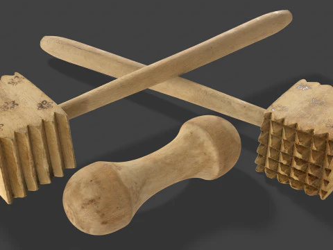 Wooden Kitchen Utensils - Meat Mallets and Rolling Pins 3D Model