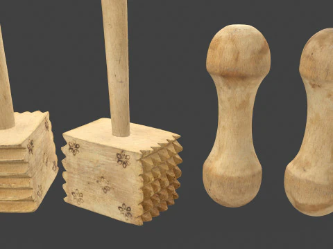 Wooden Kitchen Utensils - Meat Mallets and Rolling Pins 3D Model