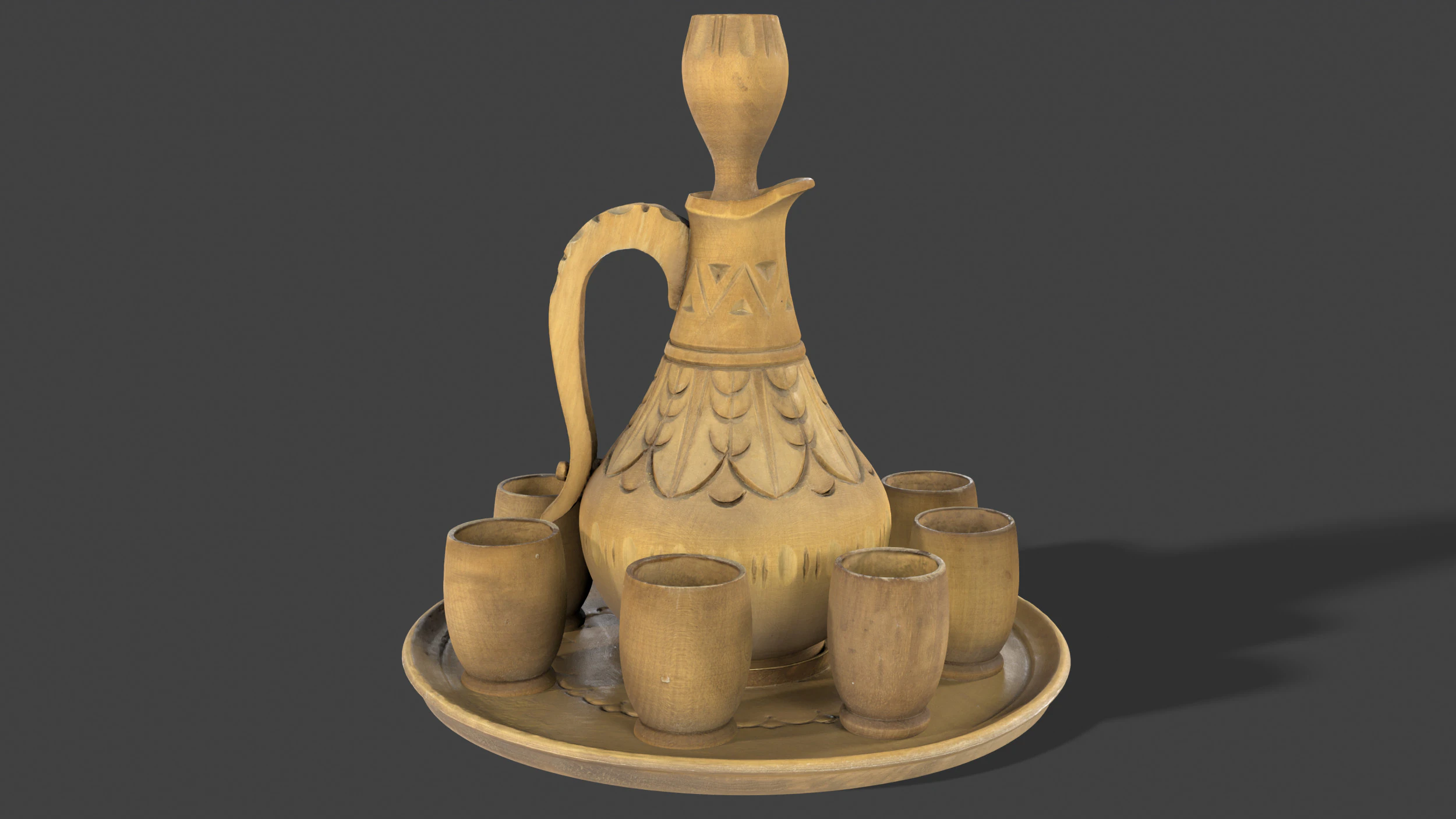 Wooden Jug with Shot Glasses on Tray 3D Model .c4d .max .obj .3ds .fbx .stl .blend 