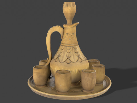 Wooden Jug with Shot Glasses on Tray 3D Model