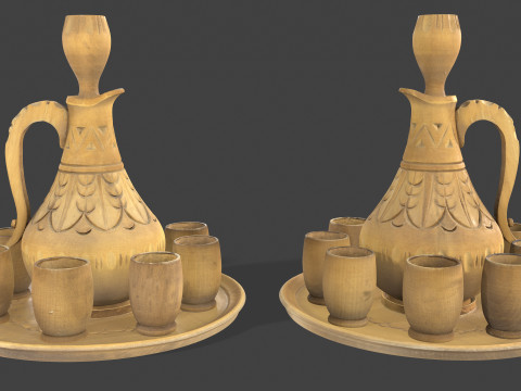 Wooden Jug with Shot Glasses on Tray Modèle 3D