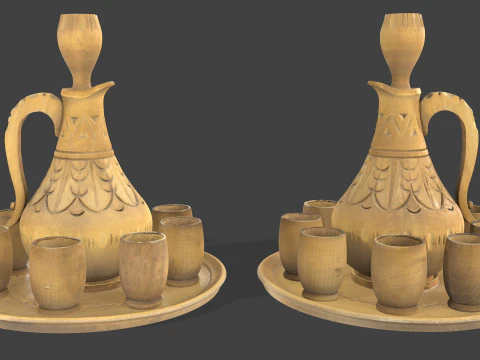 Wooden Jug with Shot Glasses on Tray 3D Model