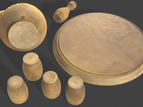 Wooden Jug with Shot Glasses on Tray 3D Model
