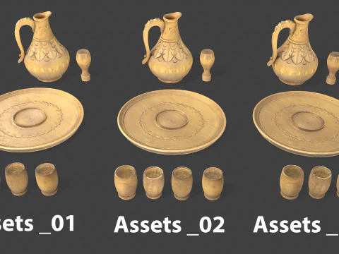 Wooden Jug with Shot Glasses on Tray 3D Model
