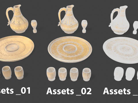 Wooden Jug with Shot Glasses on Tray 3D Model
