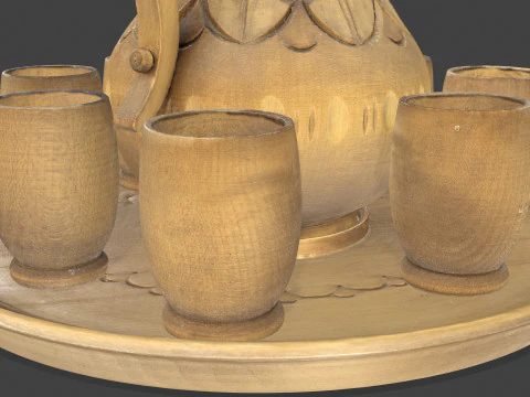 Wooden Jug with Shot Glasses on Tray 3D Model