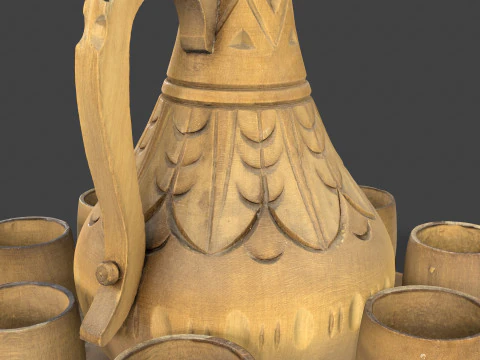 Wooden Jug with Shot Glasses on Tray 3D Model