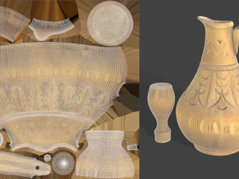 Wooden Jug with Shot Glasses on Tray 3D Model