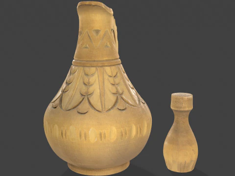 Wooden Jug with Shot Glasses on Tray 3D Model