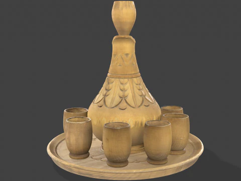 Wooden Jug with Shot Glasses on Tray 3D Model