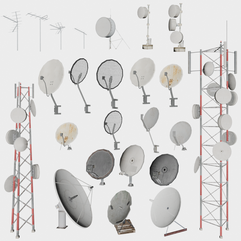 24 in 1 Communication Tower Props Collection - Game Assets - Low Poly 3D Model .c4d .max .obj .3ds .fbx .stl .blend