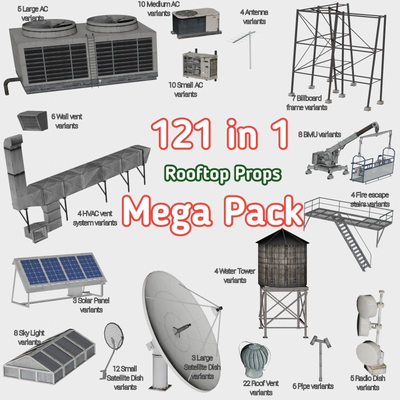121 in 1 Rooftop Props Mega Pack - Game Assets - Low Poly Modelo 3D .c4d .max .obj .3ds .fbx .stl .blend