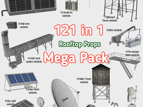 121 in 1 Rooftop Props Mega Pack - Game Assets - Low Poly 3D Model