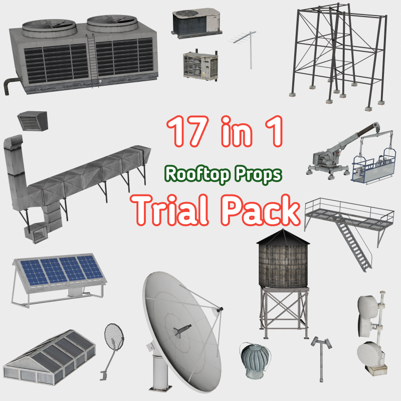 17 in 1 Rooftop Props Trial Pack - Game Assets - Low Poly 3D Модель .c4d .max .obj .3ds .fbx .stl .blend
