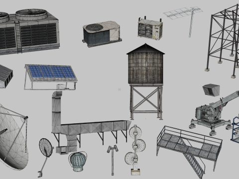 17 in 1 Rooftop Props Trial Pack - Game Assets - Low Poly 3D Модель
