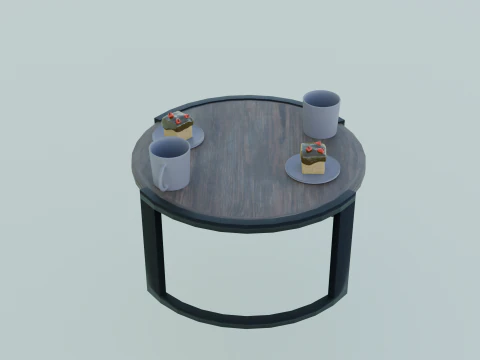 Low-Poly Coffee Table with Plates Cakes and Cups Game Ready Low-poly 3D Model