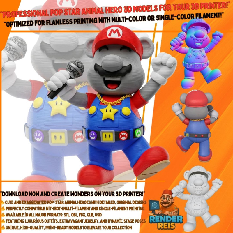 Mario Mouse Rockstar Stage Champion of the Gaming World 3D Print Model Model Cetak 3D .c4d .max .obj .3ds .fbx .stl .blend