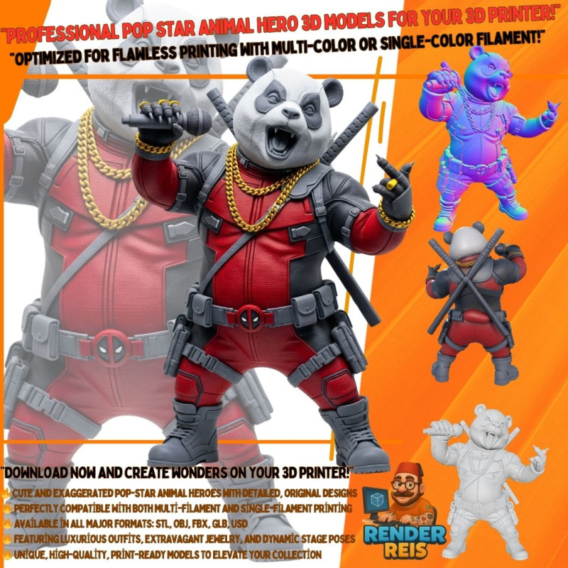 Panda Deadpool Rap Superstar Singing Anti-Hero 3D Print Model 3D 프린트 모델 .c4d .max .obj .3ds .fbx .stl .blend
