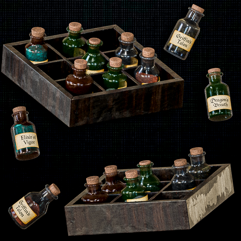 Wall Potion Rack with Bottles 3D 모델 .c4d .max .obj .3ds .fbx .stl .blend 