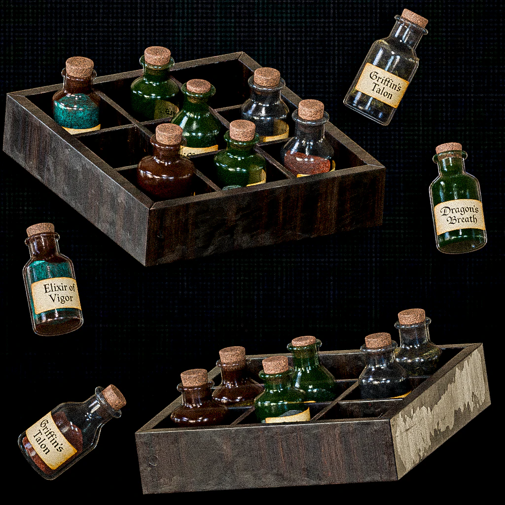 Wall Potion Rack with Bottles 3D Model .c4d .max .obj .3ds .fbx .stl .blend 