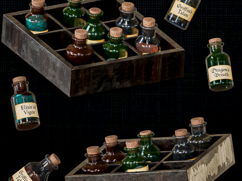Wall Potion Rack with Bottles 3D Model