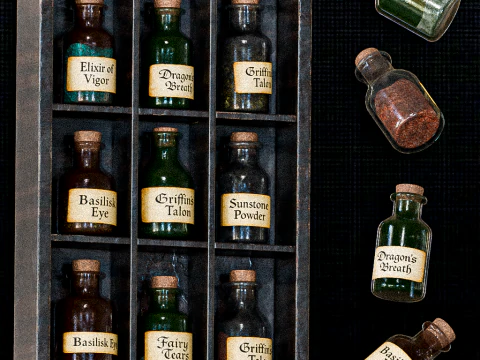 Wall Potion Rack with Bottles 3D Model