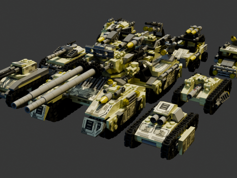 A very large tank and 8 different models of military vehicles consisting in total of 1680 individua 3D Model
