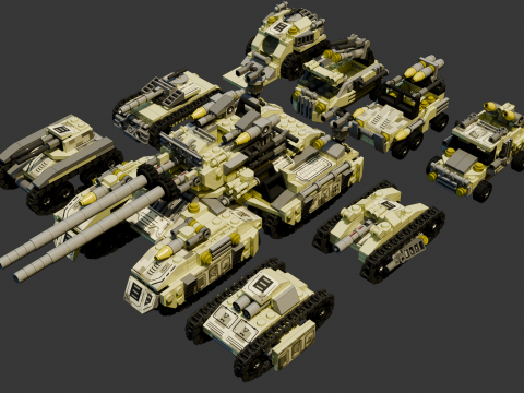 A very large tank and 8 different models of military vehicles consisting in total of 1680 individua Model 3D