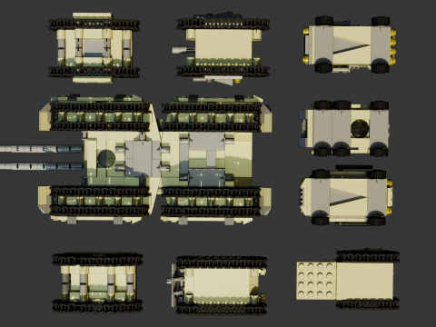 A very large tank and 8 different models of military vehicles consisting in total of 1680 individua Model 3D